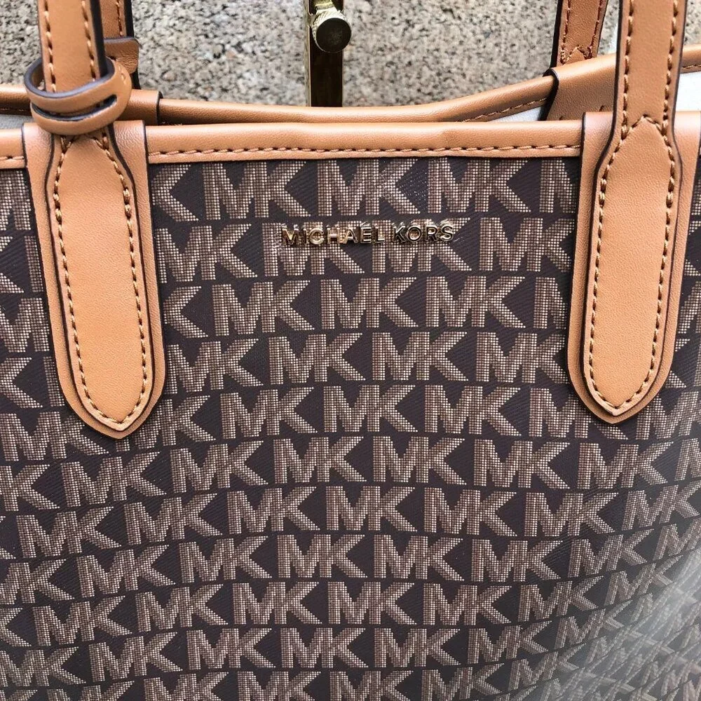 MICHAEL KORS Eliza All Over Tote Bag Purse Monogram Shoulder Bag Brown East West